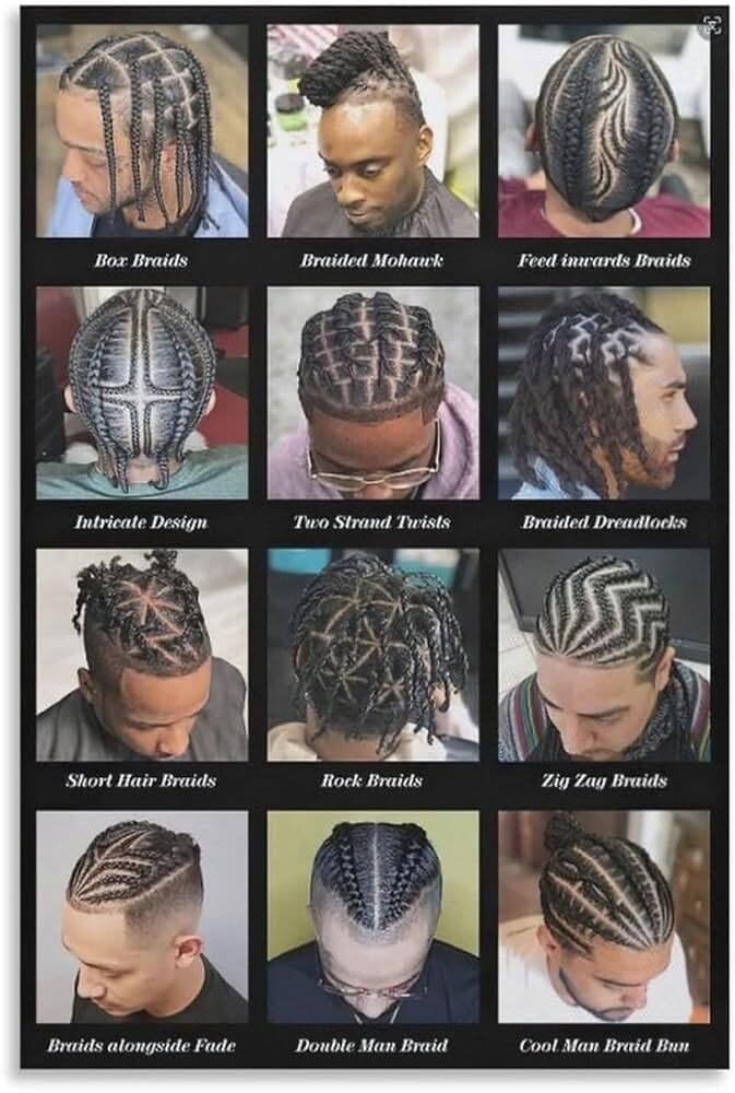 Stylish men’s braiding services at Basil Barber Shop, offering a range of braid styles like cornrows and box braids for a bold look.