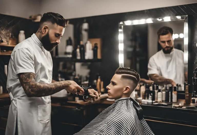 Professional barber giving a modern haircut to a customer in a stylish barbershop.