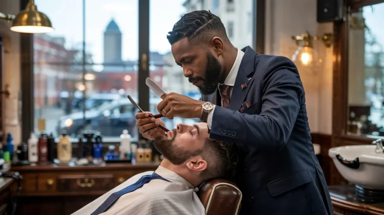 Professional hot towel shave service at a barbershop in Indianapolis