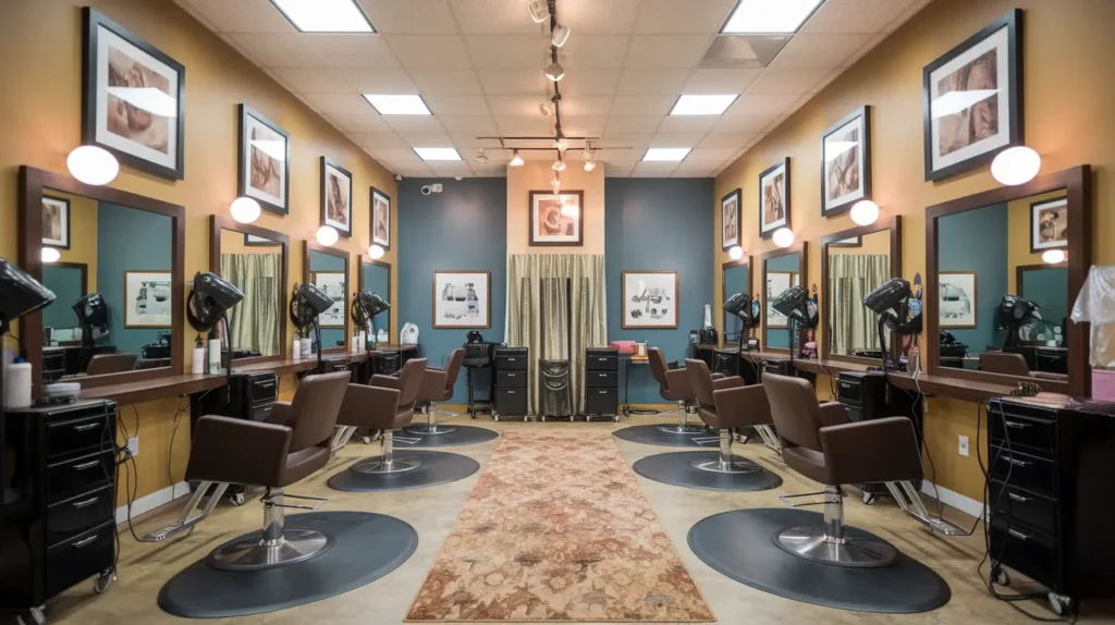 Modern interior of Basil Beauty and Barber Shop Indianapolis showing styling stations and equipment