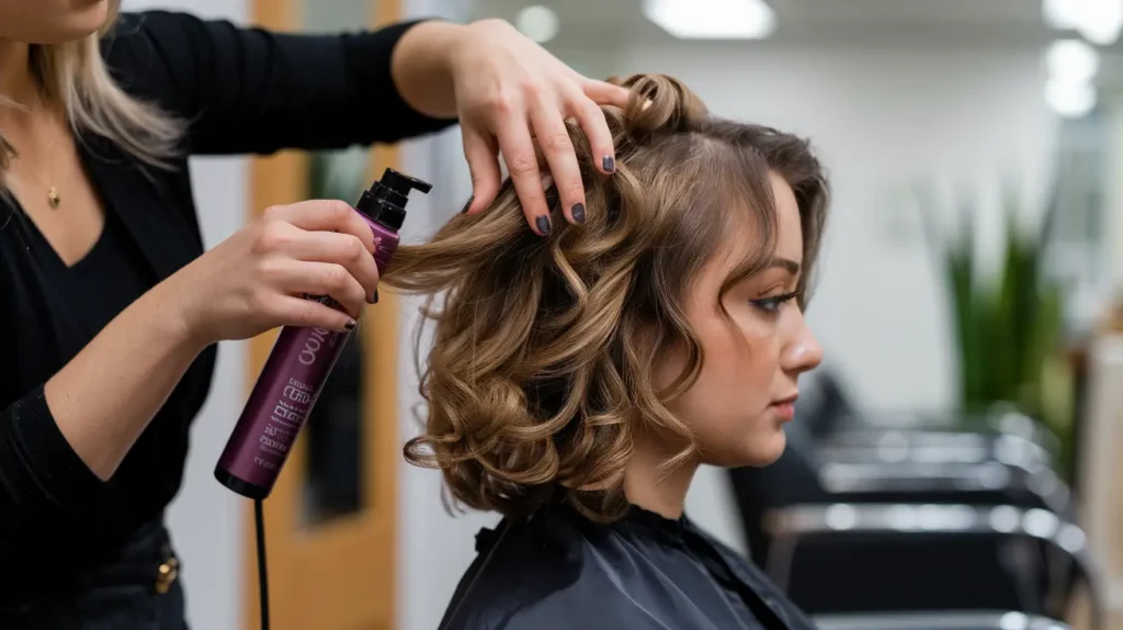 Curly hair styling technique demonstration at Basil Beauty Indianapolis