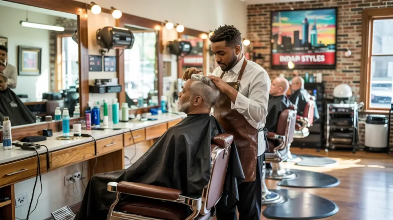 Professional barber providing gray hair color and cut services in Indianapolis