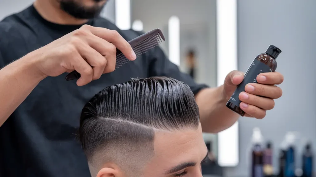 Expert demonstrating proper hair product application at Basil Beauty and Barber Shop