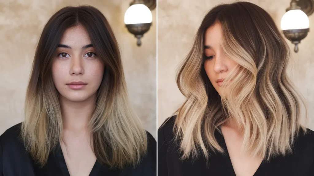 Before and after balayage results from Basil Beauty and Barber Shop Indianapolis