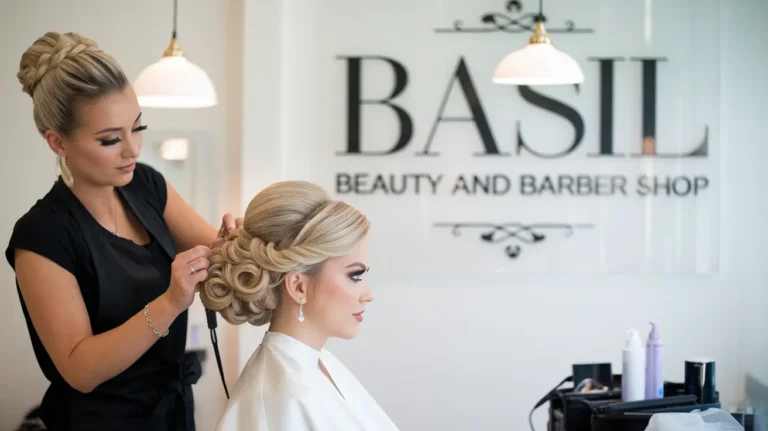 Professional bridal hair styling at Basil Beauty and Barber Shop in Indianapolis