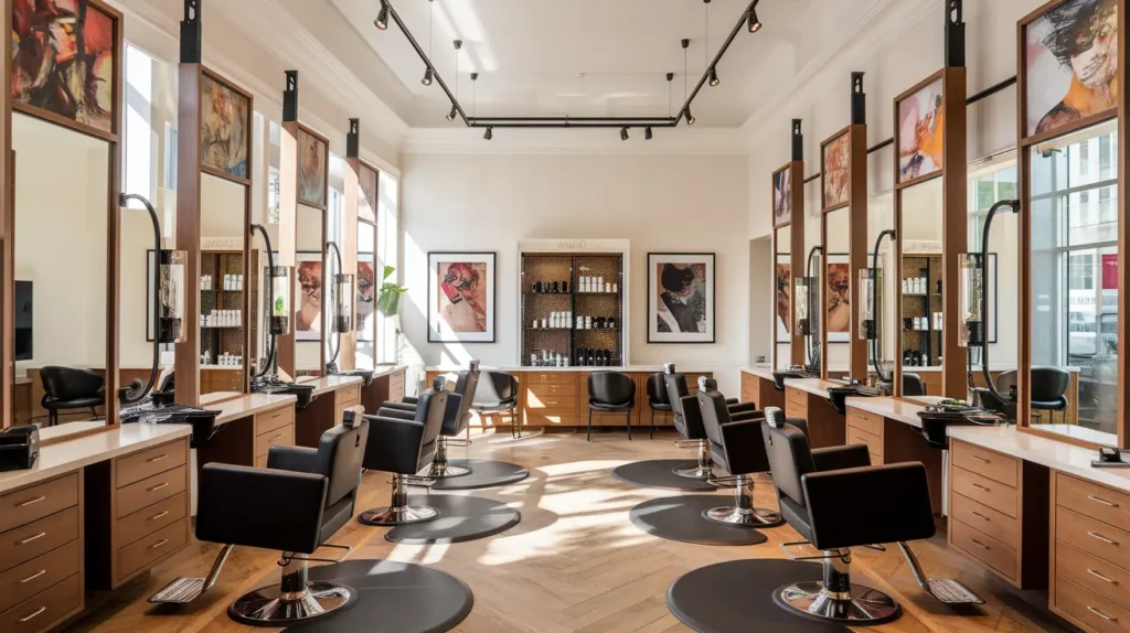 Modern interior of Basil Beauty and Barber Shop Indianapolis with professional styling stations