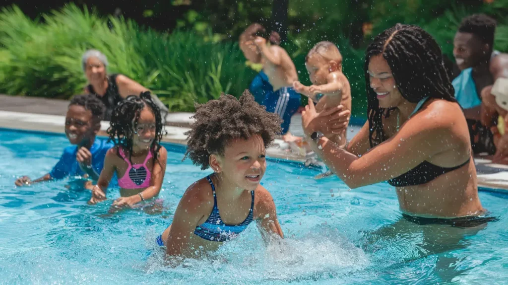 Indianapolis families at outdoor pool with protective hairstyles