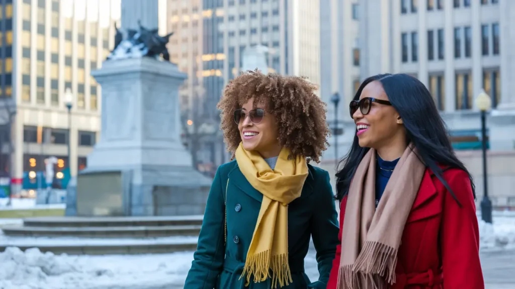 Women protecting hair from harsh Indianapolis winter conditions