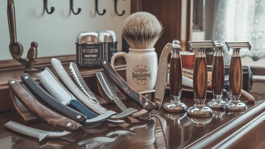 Professional shaving essentials and straight razors at Basil Beauty and Barber Shop