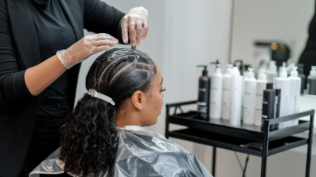 Professional natural hair treatment being performed at Basil Beauty and Barber Shop