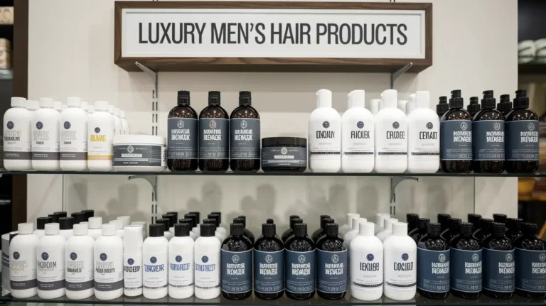 Premium men's hair products display at Basil Beauty and Barber Shop in Indianapolis