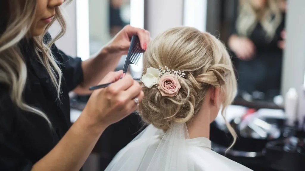 Expert bridal hair styling process at Indianapolis's Basil Beauty and Barber Shop