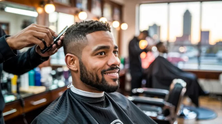 Professional barber giving a precise haircut in downtown Indianapolis barbershop