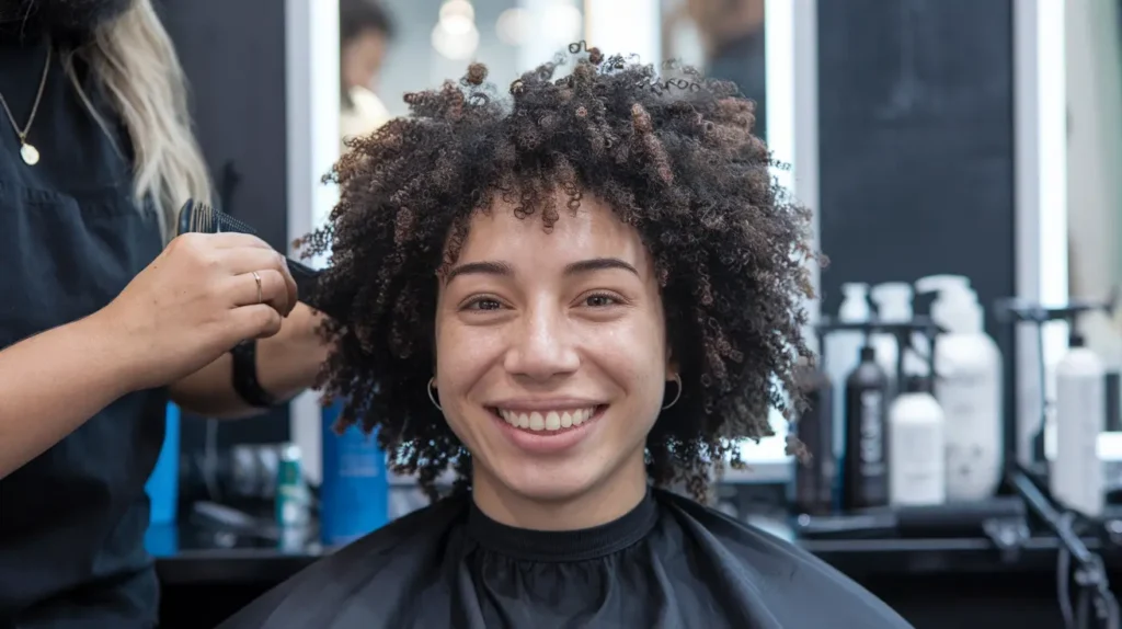 Happy client after natural hair service at Basil Beauty and Barber Shop Indianapolis