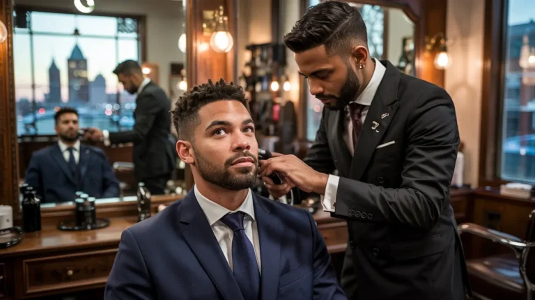 Professional groom getting a haircut at a luxury barbershop in Indianapolis