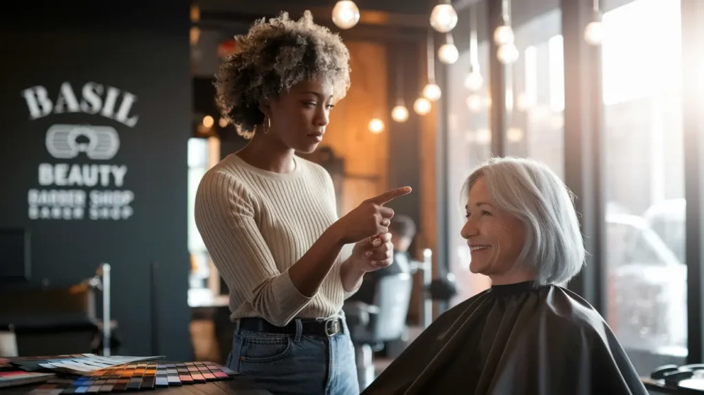 Gray hair transition consultation at Indianapolis beauty salon